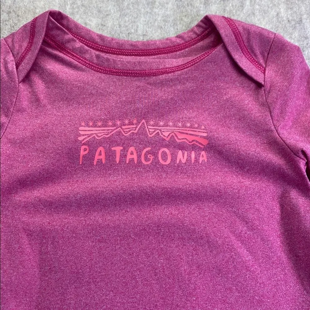 Patagonia Spell out Fuchsia  Long Sleeve Capilene Baselayer Bodysuit Size 12-18M